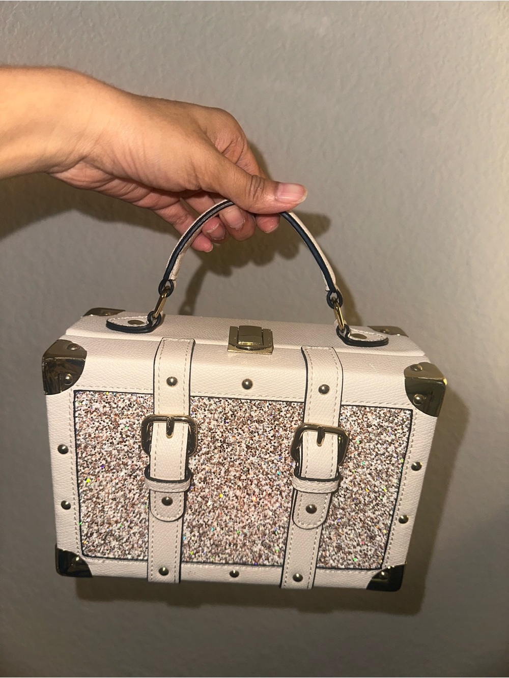 Aldo Cream Glitter Trunk-Style Top-Handle Bag